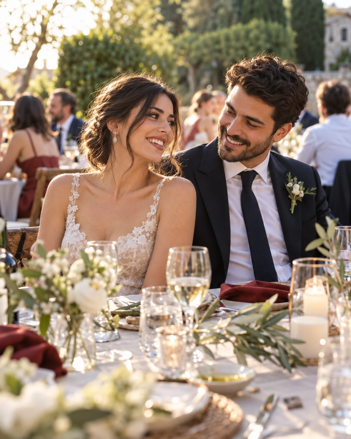 A bride and groom sharing a heartfelt smile at a garden wedding table